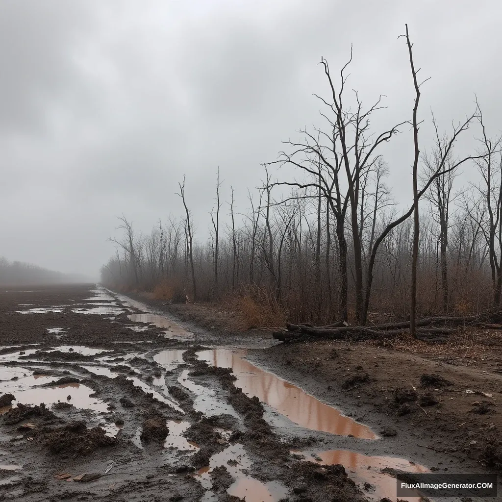 Gray cloudy day, dead trees, muddy ground mixed with a little rags, a little reddish water, because of the long rainy weather foggy. If you walk on the side of the road, you can see some mounds of earth, and some broken bones can be seen when the rain washes away. The rest should be no different from ordinary places, and the villages and cities where they live in a concentrated area should be able to see some miserable scenes. - Image