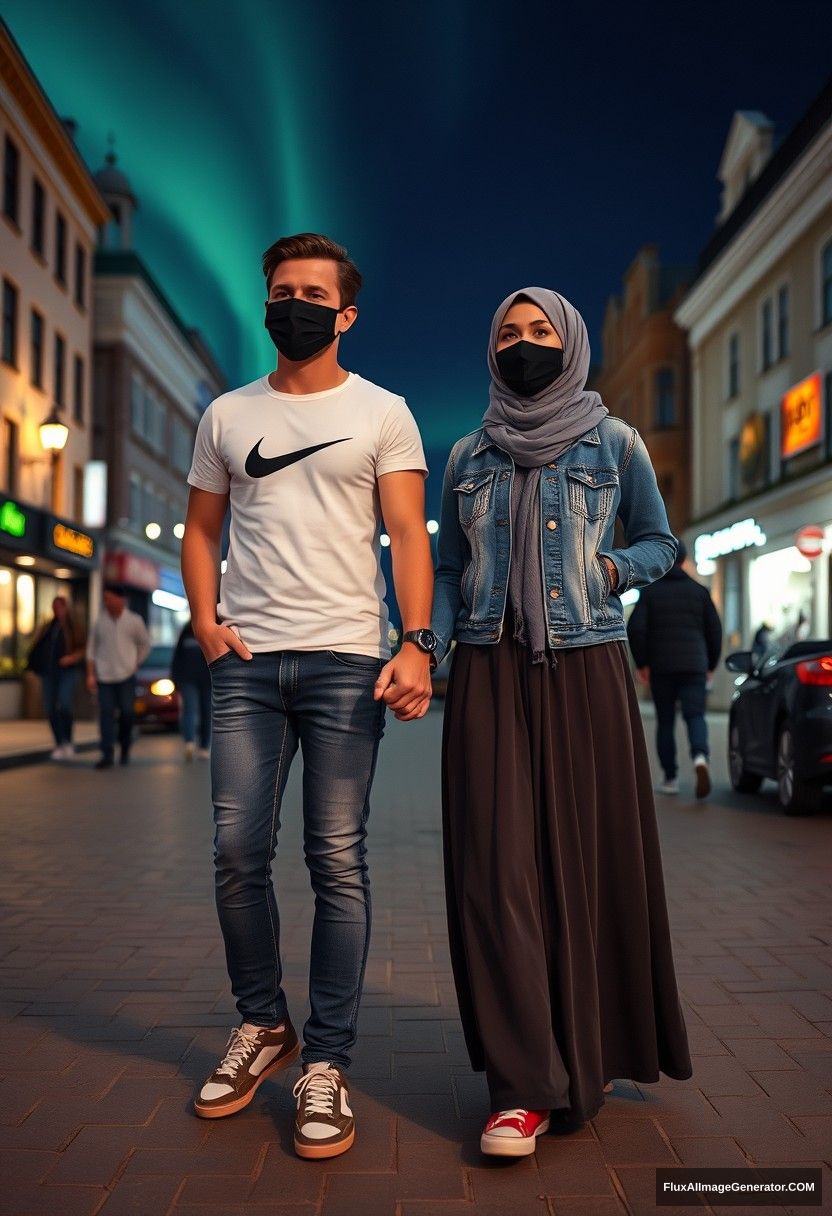 Jamie Dornan, handsome, wearing a black face mask, white Nike t-shirt, jeans, and sneakers, on a romantic date with a beautiful Muslim girl in a grey hijab, who has beautiful eyes, a black face mask, a denim jacket, and a very long, large skirt. She is not tall and is wearing red sneakers. They are holding hands in town, captured in a photorealistic street photography style, with full photography and selfie photos, in a night scenery with an aurora.