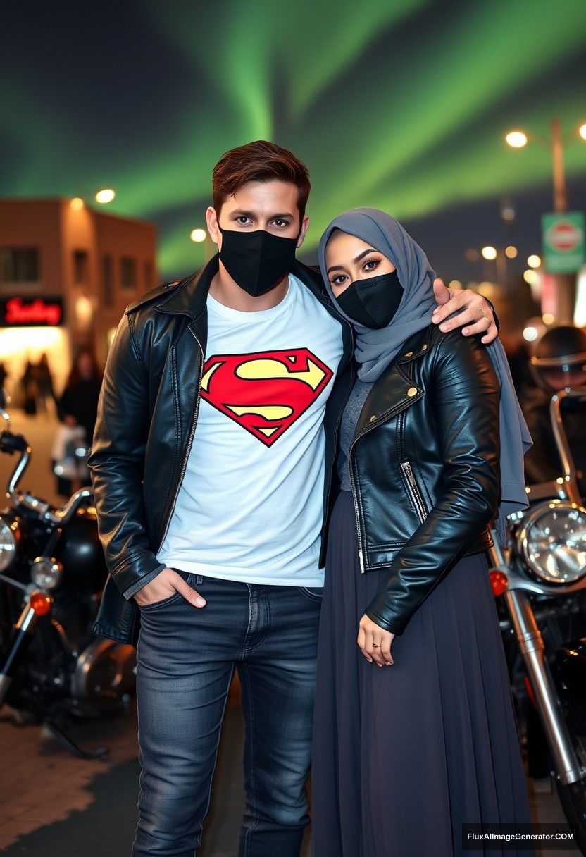 Jamie Dornan, tall, young, wearing a black face mask, a white Superman t-shirt, and jeans, 

dating a beautiful Muslim girl in a grey hijab with striking eyes, also wearing a black face mask, a leather jacket, and an extremely long skirt, who is not very tall.  

She is leaning on his shoulder while they are standing near Harley Davidson motorcycles for a photoshoot in town, in a photorealistic street photography style, set against a night backdrop with the aurora borealis.