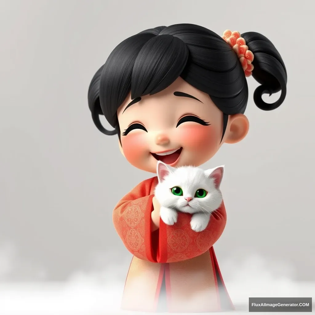 A highly detailed 3D rendering of a cute little Chinese girl dressed in a bright Hanfu with intricate patterns, her hair slicked back neatly. She is joyfully laughing while holding a fluffy white cat with striking green eyes. The scene is surrounded by a soft mist, creating a mystical atmosphere. The background is a smooth light grey gradient, with a realistic touch. The style is a blend of Pixar and cartoon aesthetics, using solid colors. The image is in a 3:4 aspect ratio. --v 6.1