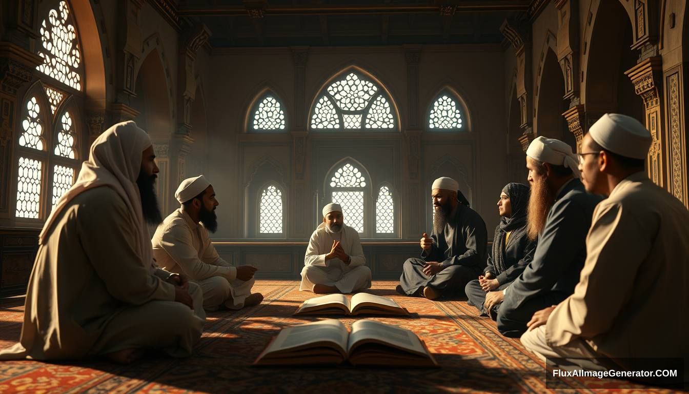 A reflective scene showing a group of Muslims contemplating and discussing the story of Tamim ad-Dari and Dajjal, set in a peaceful, scholarly environment. Ultra HD, realistic, contemplative, with warm and cinematic lighting. - Image