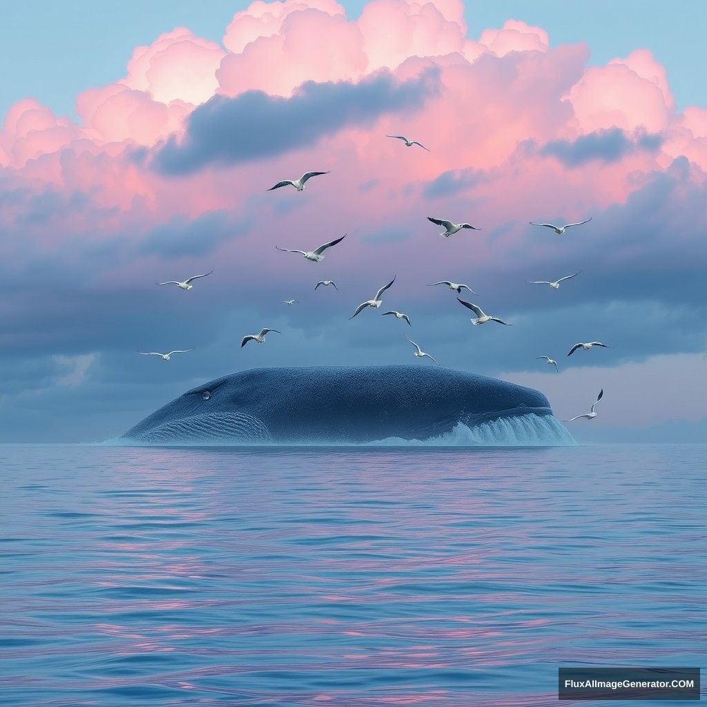 A peaceful landscape where the birds are flying around the huge whale, under the blue and magenta tone clouds. - Image