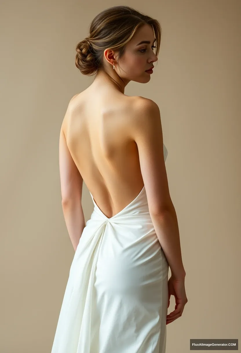 A short young woman, sensitive, delicate, backless strapless side-less low-waisted contouring wedding dress with a breezy loose open back spilling open to the sides, that seems like it was intentionally left undone. Submission to the patriarchy. Expectations. Perfect posture. Pale skin. Voluptuous.