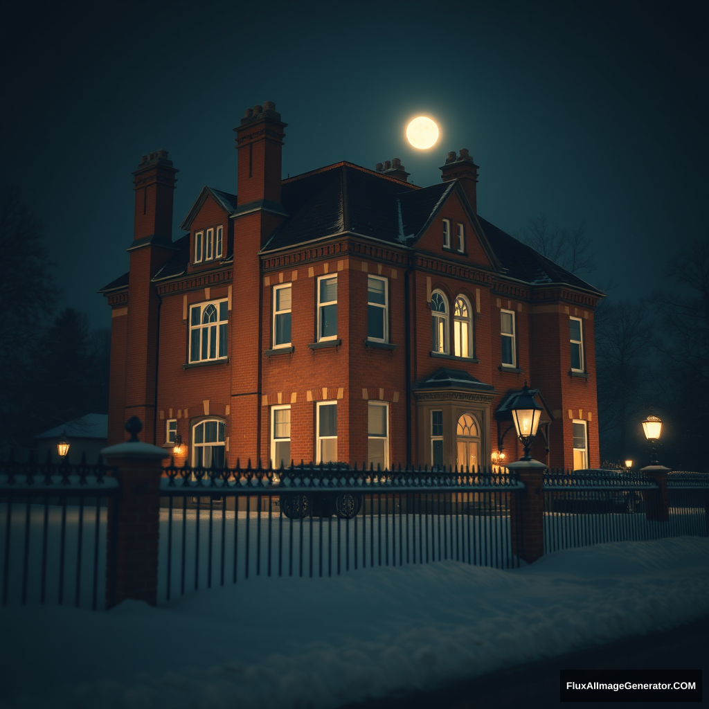 Old British manor, red brick, winter, midnight, wrought iron fence, street lights, full moon, snowing, FIVE FLOORS, large towers at corners, simplistic shapes, large attic, beautiful roof, warm dim lights, family mansion, very dark night, shot on old Sony camera, aesthetic, realistic, blur, cozy.