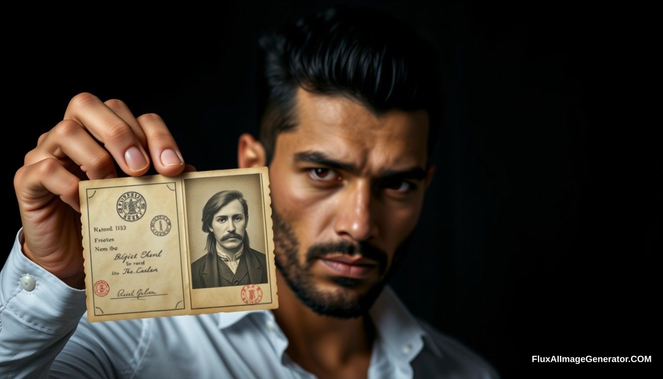 Create a dramatic portrait of a man standing confidently, holding up an old, faded identification photo next to his face. The background is dark and slightly blurred, emphasizing the subject. The man has short, slicked-back black hair and a well-groomed beard, wearing a stylish white shirt that contrasts with the dark background.

The identification photo shows a historical figure with long hair and a mustache, dressed in traditional attire. The photo is slightly yellowed, with visible stamps and markings around the edges, adding an air of authenticity. The man's expression is serious and contemplative, capturing a moment of reflection. - Image