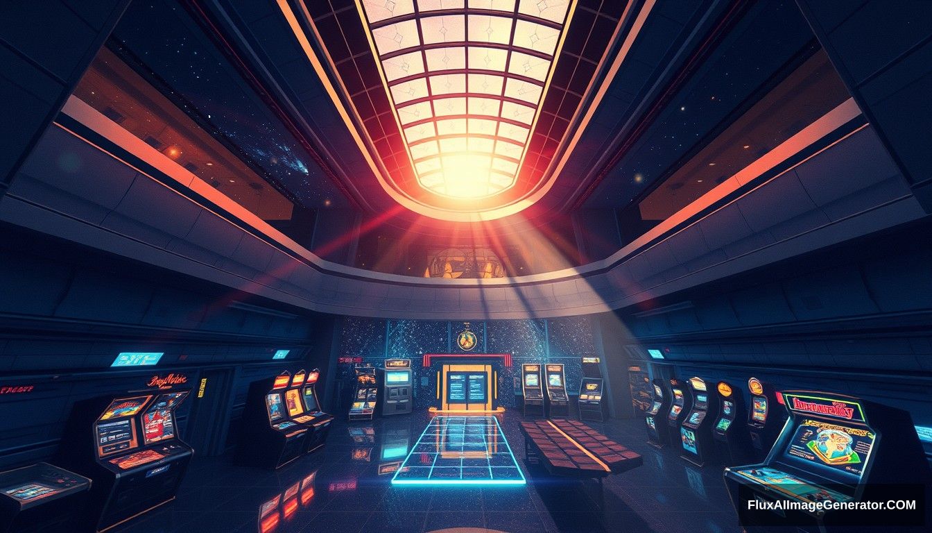 Cel shaded art, wide shot, from above, Dutch angle, from side, perspective, intense angle, depth of field space, universe, space station, lobby, sunlight, retro, 70s, indoor, night, star, neon, warm light, game room, entertainment, glass ceiling. - Image