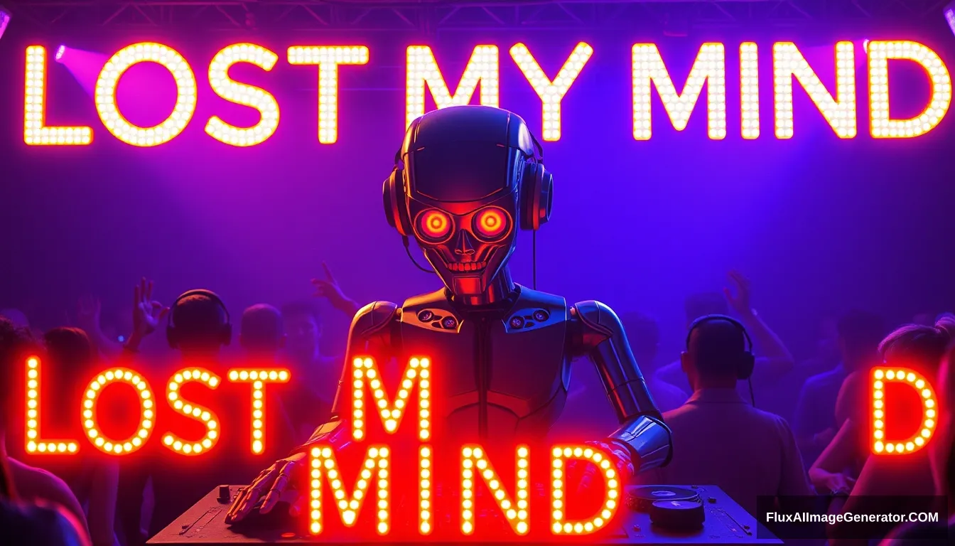 Lost my mind in the club, people dancing, glowing 3D text saying "Lost My Mind," Robot DJ Technosapien.