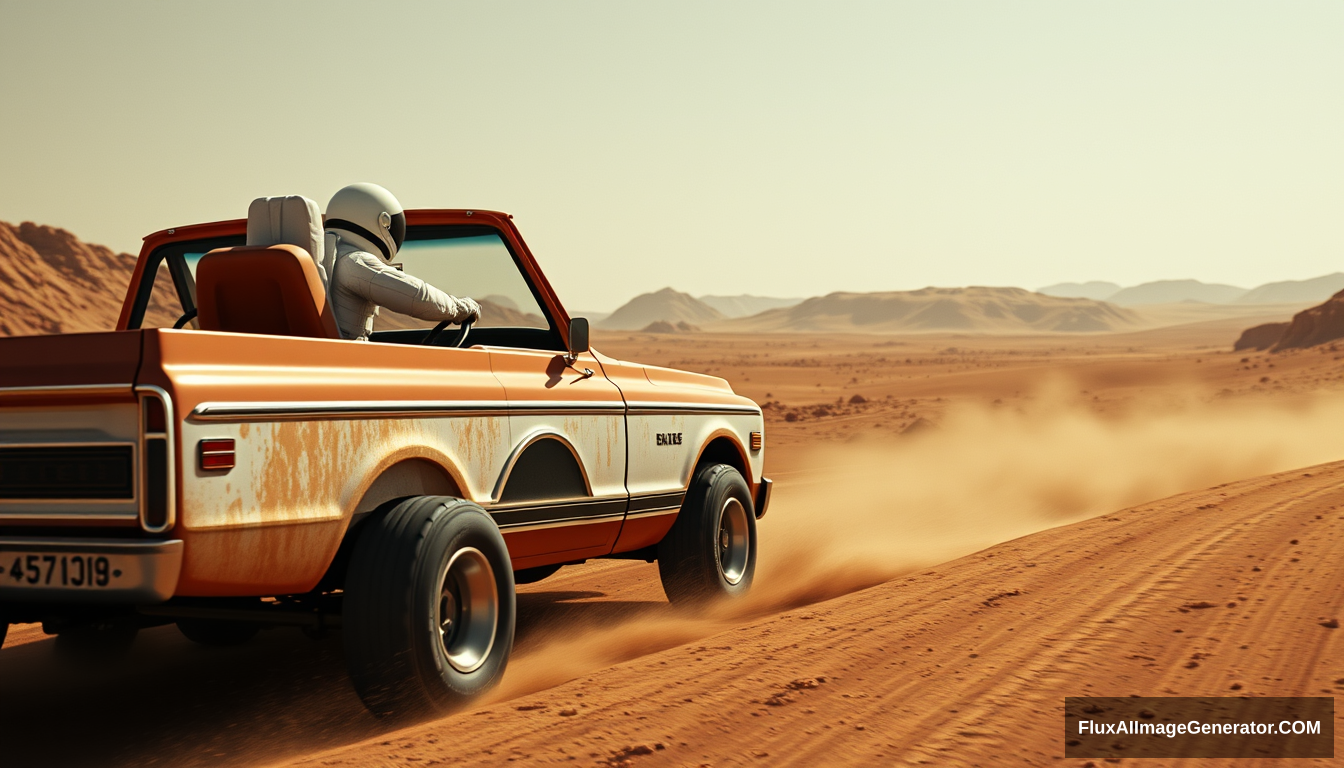 1972 C10 pickup racing on Mars, an astronaut is driving seated on the left side of the cab.