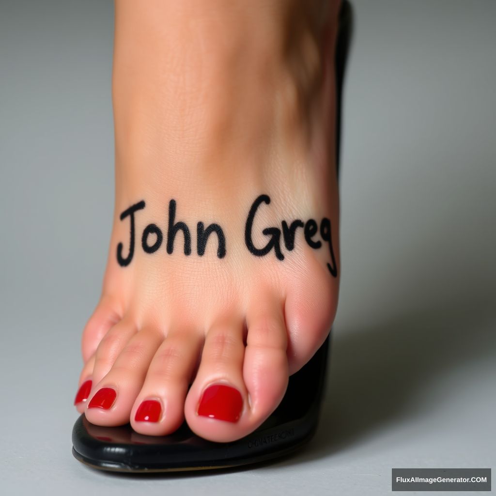 A woman's foot with the name "John Greg" on it. Her foot is inside a black heel. Her toenails are painted red.