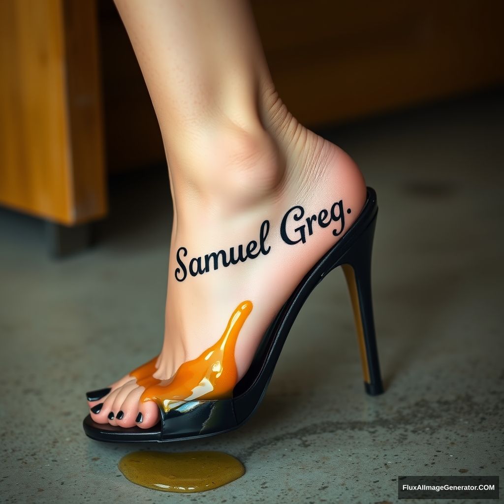 The name "Samuel Greg" on a woman's foot in a black high heel. There is oil all over the foot.