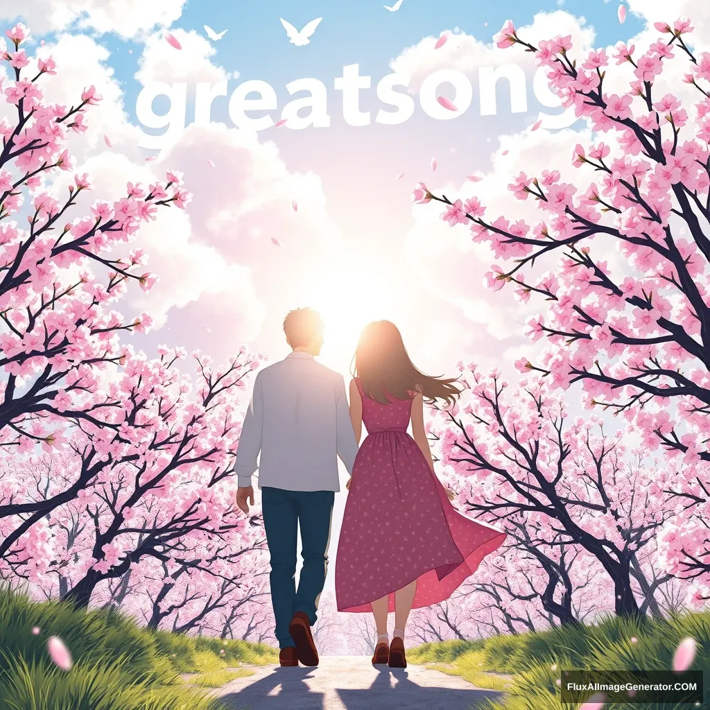 Two lovers are walking with the shining sunlight behind them, and between them are countless brilliant cherry blossoms scattering in the wind. In the sky, fluffy clouds are shaped like the letters spelling "greatsong."