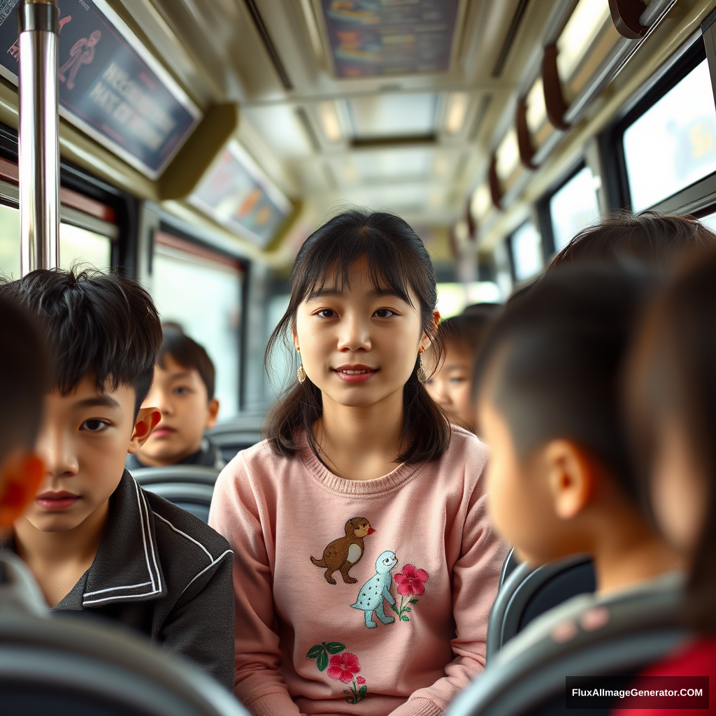 A Chinese girl, on a bus, boys and girls around her. - Image