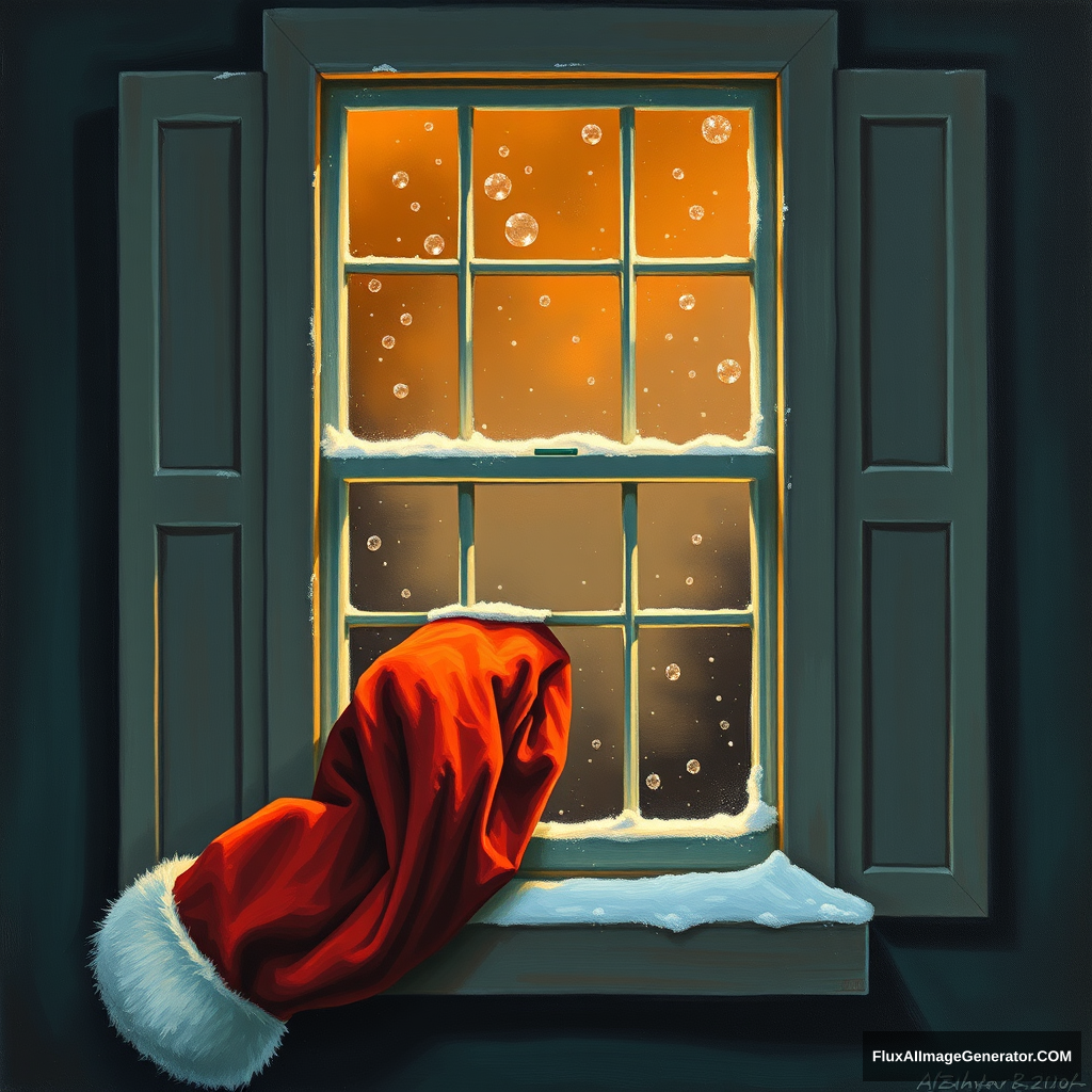 Santa's coat tail is stuck in the 2nd floor window, a painting by Authur Sarnoff, 4k. - Image