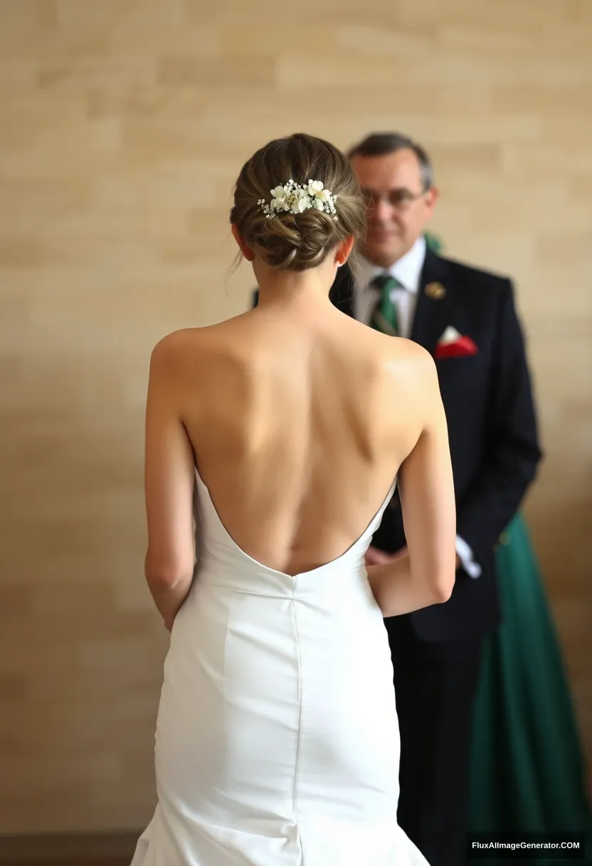 a young woman, sensitive, delicate, ashamed, backless strapless low-waisted wedding dress, in front of patriarchy