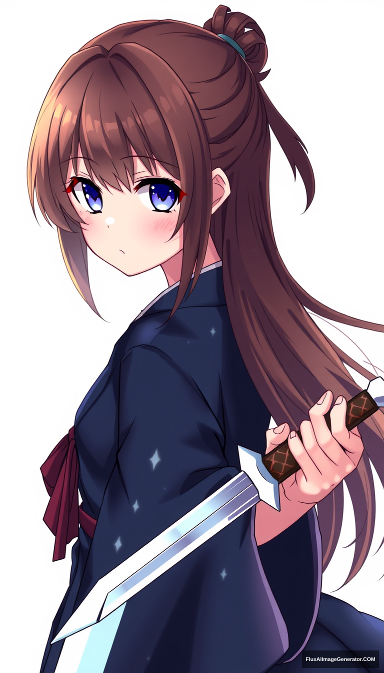 Anime girl unique sword. Brown hair dark blue clothing. Holding correctly. Short blade. - Image