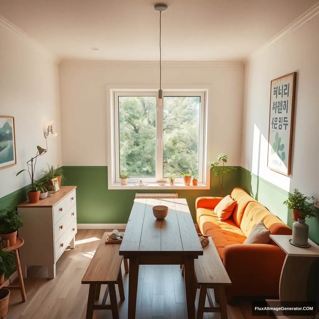 A cozy room, with one large window in the middle. It is sunny, but the light is not blinding. The room has a wooden eating table towards the window. The paint on the wall is both eggshell white and green with a horizontal line dividing them, the green at the bottom. There is a sofa with a small sofa table, and some plants and light bulbs, to make it cozy. The window is very big, 1.5x1.5 meters. The wood on the tables is the same, and the color of the sofa is a shade of orange. There is a dresser in the room too, up against the wall. There are art supplies in it, like for painting with watercolor. On the wall is a cool poster that has something to do with Korean, with something written in Hangul. Show it from a bird's eye view.