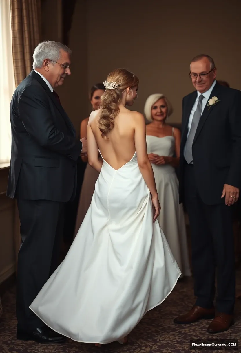 A short young woman, sensitive, delicate, backless strapless side-less low-waisted contouring wedding dress with a deep-cleavage loose front. Fawning obediently mingling with fathers. Expectations. Perfect posture. Pale skin. - Image