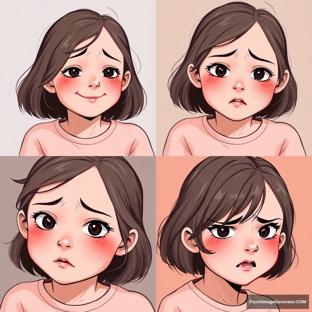 A four-panel grid portrait of the same girl with subtle expressions: the first panel shows a gentle smile, the second panel has a tearful face, the third panel conveys a look of sadness, and the fourth panel displays a mildly angry expression.