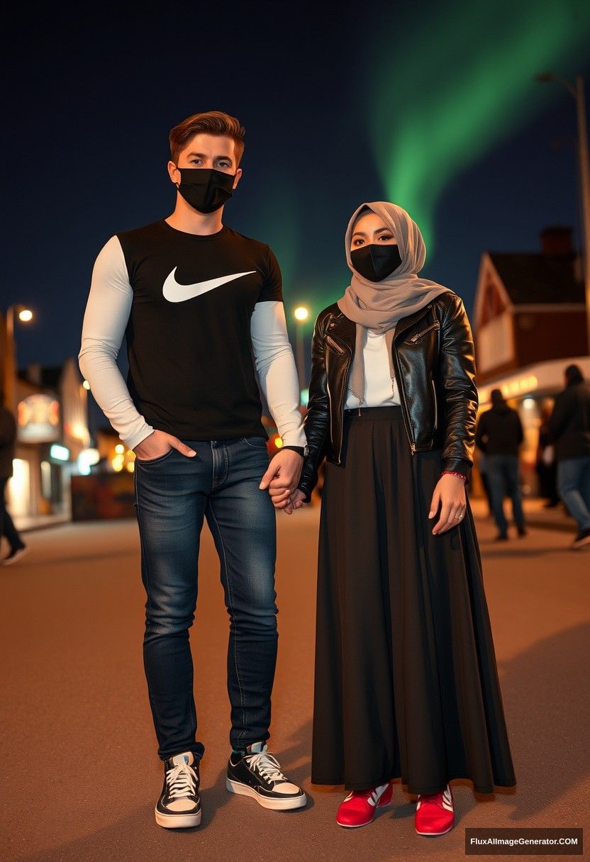 Jamie Dornan, tall and handsome, wearing a black face mask, long-sleeve white Nike T-shirt, jeans, and sneakers, is dating a lovely romantic Hijab-wearing Muslim girl with beautiful eyes, also in a black face mask, a leather jacket, and an extremely long and wide skirt. She is not very tall and wears red sneakers. They hold hands and stand together in town, creating a photorealistic scene captured in street photography, full photography, and selfie photos, against a night backdrop with an aurora. - Image