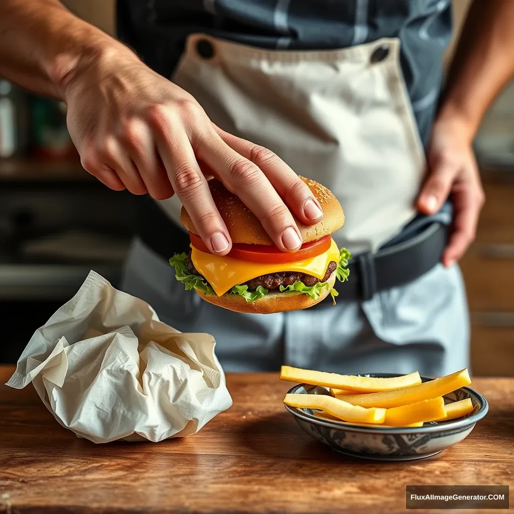 man pressing cheeseburger up to waist 👖