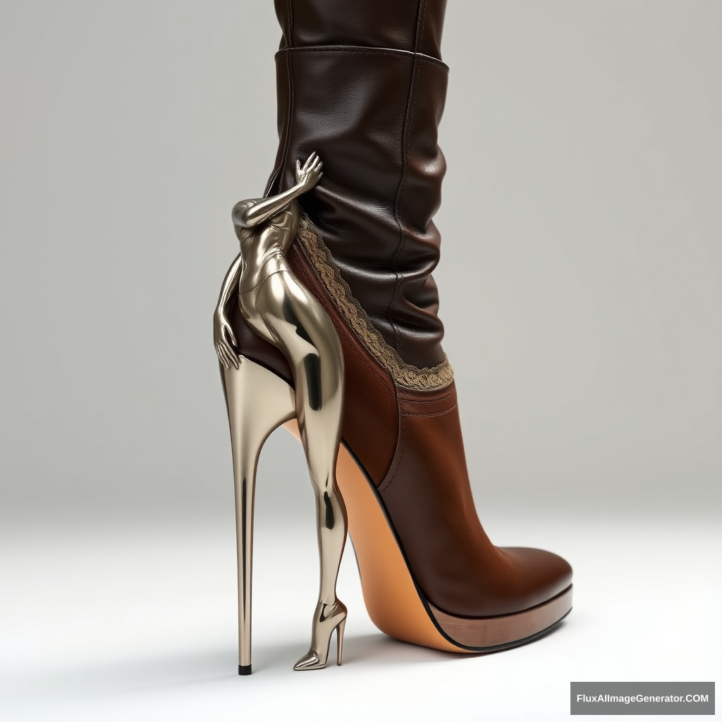 A high-fashion stiletto boot with a sleek, leather upper and a unique heel designed as a metallic sculpture of a woman's body in an artistic and sexy pose who embraces the boot. The heel features the detailed, life-like figure of a woman, with the torso and legs forming the structure. The rest of the boot is made from traditional materials, like leather, suede, and lace, while only the heel is reflective metal, highlighting the intricate design. The background is minimalist, ensuring the sculpted heel remains the focal point. - Image