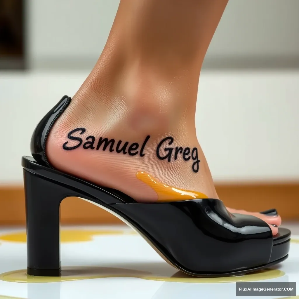 The name "Samuel Greg" on a woman's foot in a black high heel. There is oil all over the foot. - Image