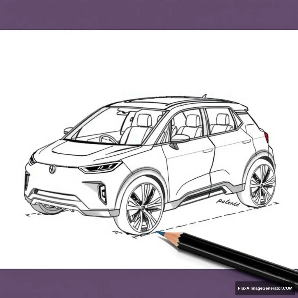 Create a black and white sketch made with pencil of a 4-seat car for patent design, including exterior and interior views. - Image