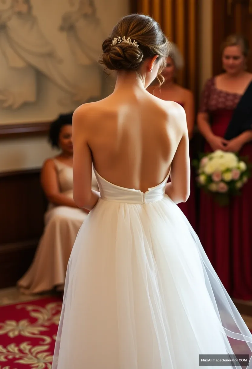 a short young woman, sensitive, delicate, ashamed, backless strapless small-waisted wedding dress, in front of patriarchy, expectations