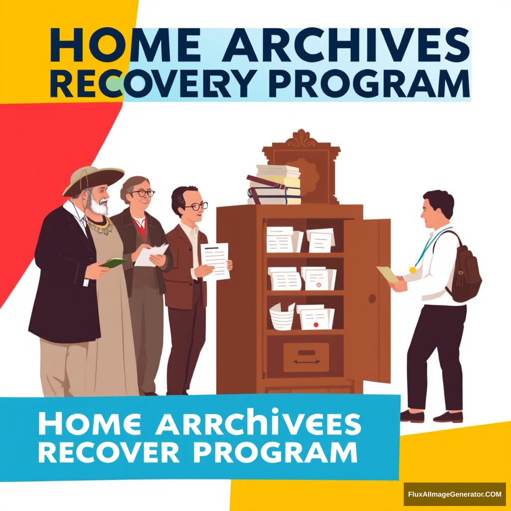 Make a promotional poster for a program called: Home Archives Recovery Program. The poster should depict historical figures from Guanajuato and other citizens depositing documents in an archive cabinet. - Image