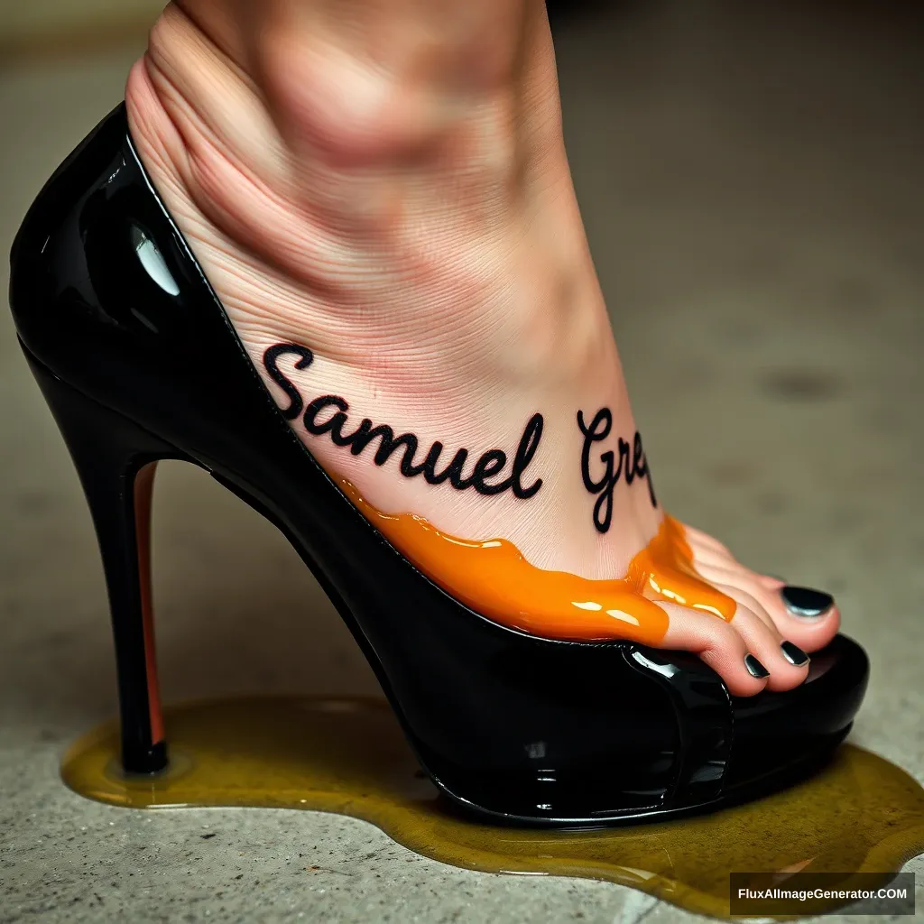 The name "Samuel Greg" on a woman's foot in a black high heel. There is oil all over the foot. - Image