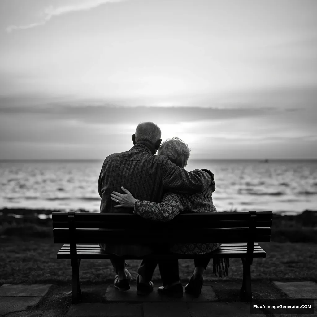 "Create a black and white image of an elderly man and an elderly woman embracing and sitting on a bench watching a sunset by the sea." - Image