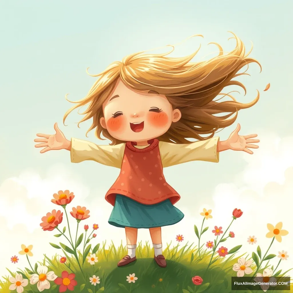 Children's book illustration, little girl opens her arms, standing in the wind, wind blowing her long hair, with flowers blooming around. - Image