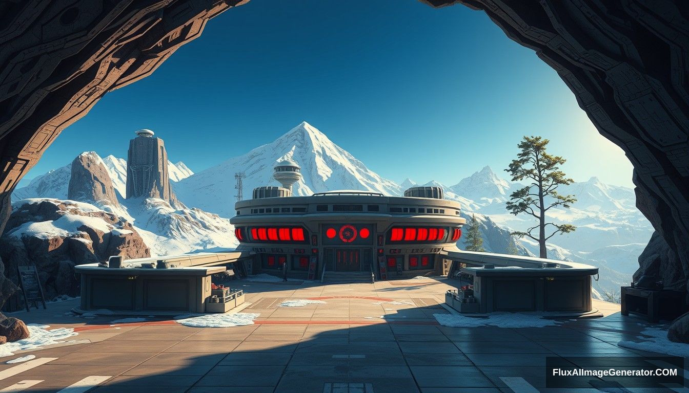 Cel shaded art, wide shot, a sci-fi center on the top of a snow mountain, open air, close look, cyberpunk, military base, Star Wars style, indoor, patio, morning, sunlight, fortress, mountain, rock, snow, tarmac, parking apron, cave, tree, landing field, cliff, round shape, tower.