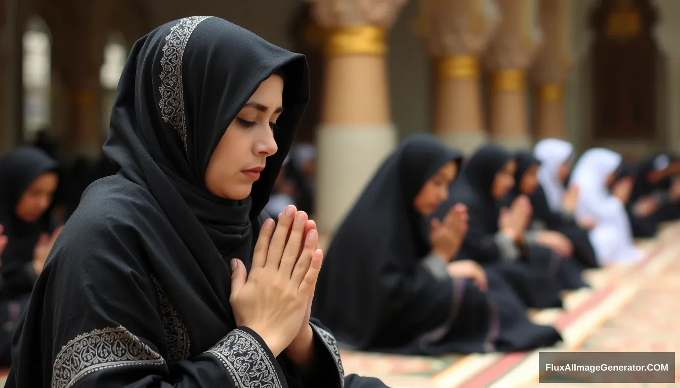 A pious woman praying named Maryam bint Imran. Maryam is a woman who is very devout in worship and always maintains her purity. She comes from a very prominent family, and since childhood she was raised in an environment full of worship and obedience to Allah, wearing a black sarong, neck covered with a perfect hijab.