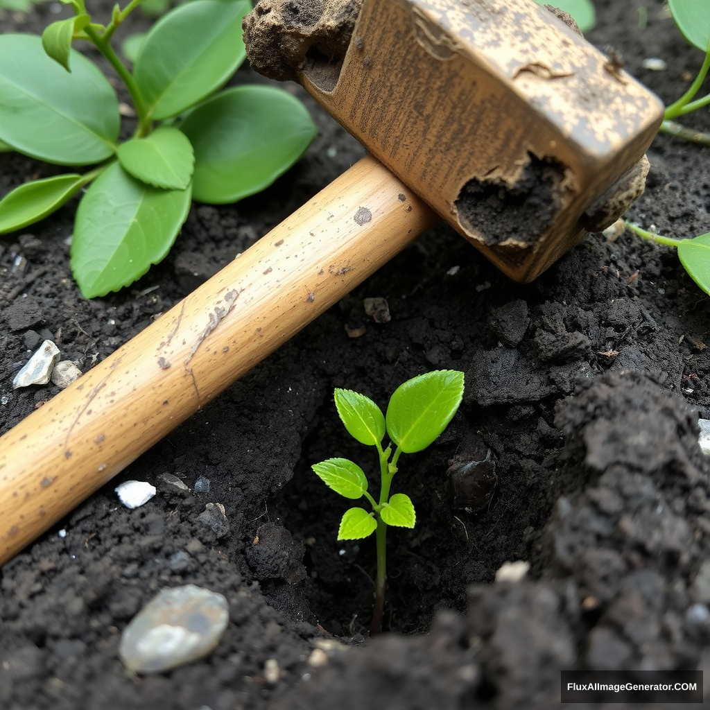 A small underground citrus shoot was emerging from the ground beneath a decaying and crumbling court hammer. - Image