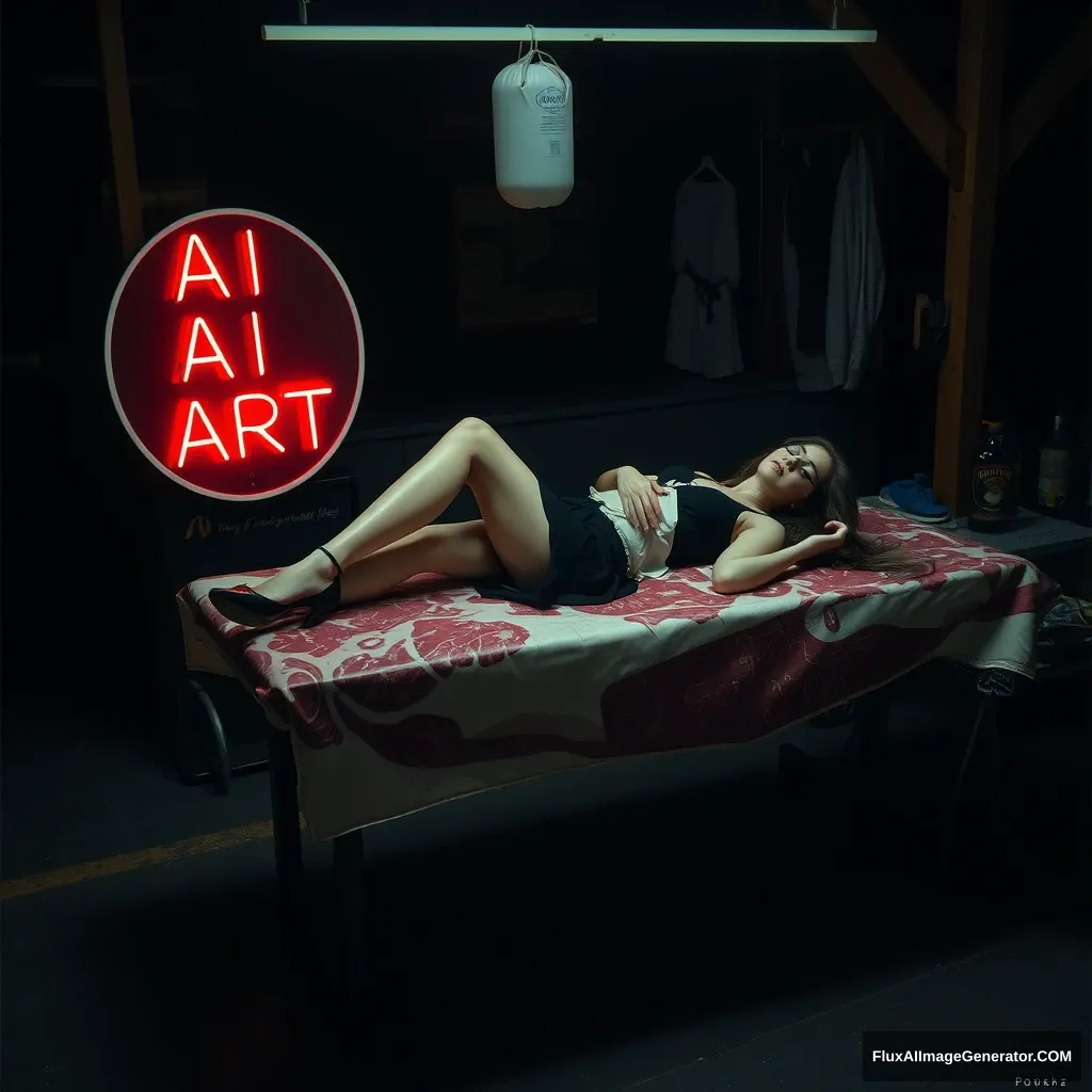 A woman lay on the butcher table, shoes, night, neo. The sign said: "AI ART."