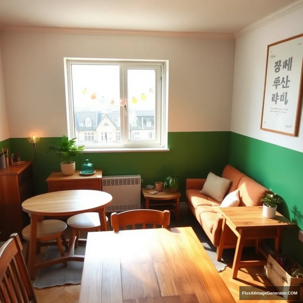 A cozy room, with one large window in the middle. It is sunny, but the light is not blinding. The room has a wooden eating table towards the window. The paint on the wall is both eggshell white and green with a horizontal line dividing them, the green at the bottom. There is a sofa with a small sofa table, and some plants and light bulbs, to make it cozy. The window is very big, 1.5x1.5 meters. The wood on the tables is the same, and the color of the sofa is a shade of orange. There is a dresser in the room too, up against the wall. There are art supplies in it, like for painting with watercolor. On the wall is a cool poster that has something to do with Korean, and it should have something written in Hangul. Show it from a bird's eye view. - Image