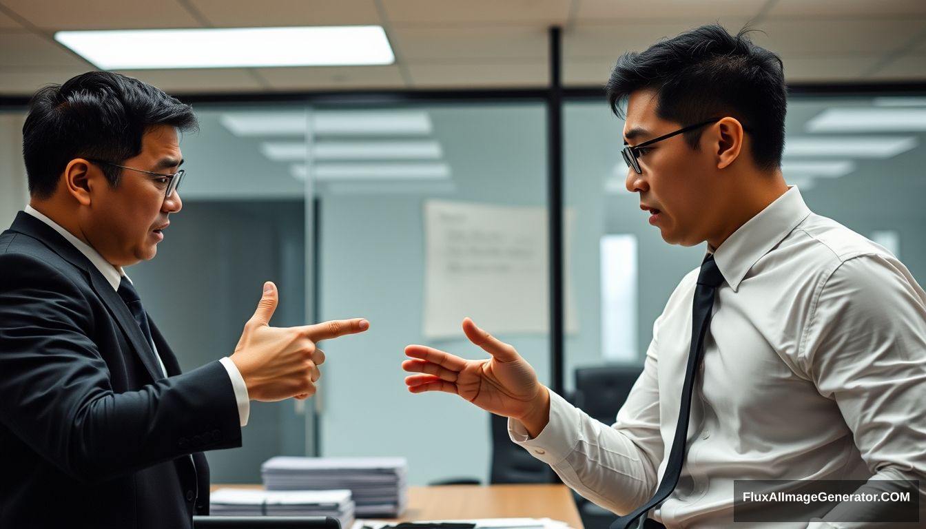 This is an office scene. There is a man in a black suit on the left side of the screen. His name is Paul, an Asian. Paul is very angry. He smacks his hand and points to the right at another man wearing a white shirt and a black tie. They are quarreling. His name is Ivan, an Asian. Ivan's opponent made a blocking gesture and had a disgusted facial expression.