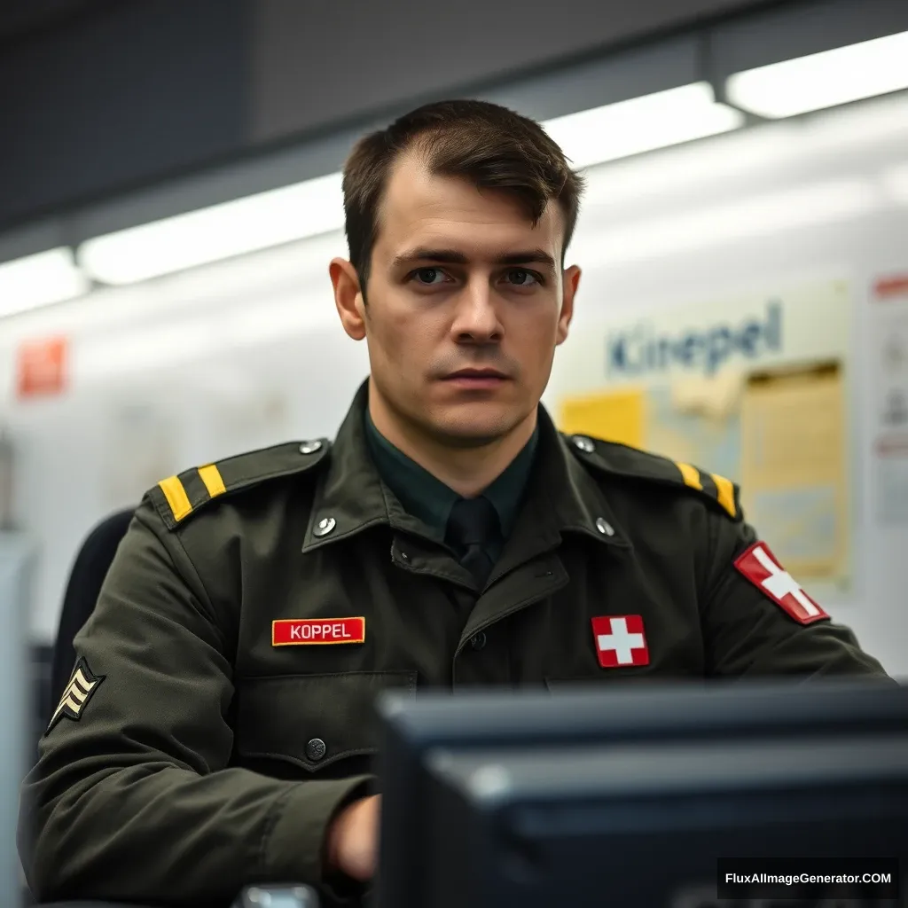 Swiss border guard, working at the desk, rank sergeant, his name is Köppel, ultra 4K real, black hair without head. - Image