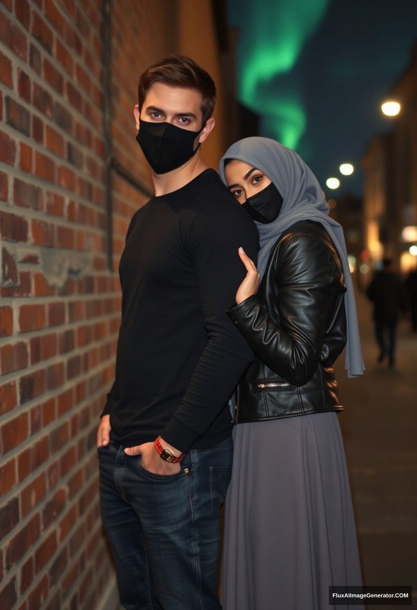 Jamie Dornan, tall, young, black face mask, black long sleeve playboy t-shirt, jeans, 

dating romantically with a grey hijab Muslim girl, beautiful eyes, black face mask, leather jacket, very long and wide skirt, not a tall girl, 

leaning on his shoulder, hugging him from behind, flirting with him, supporting his back, near a brick wall, in town, photorealistic, street photography, night scenery, aurora borealis.