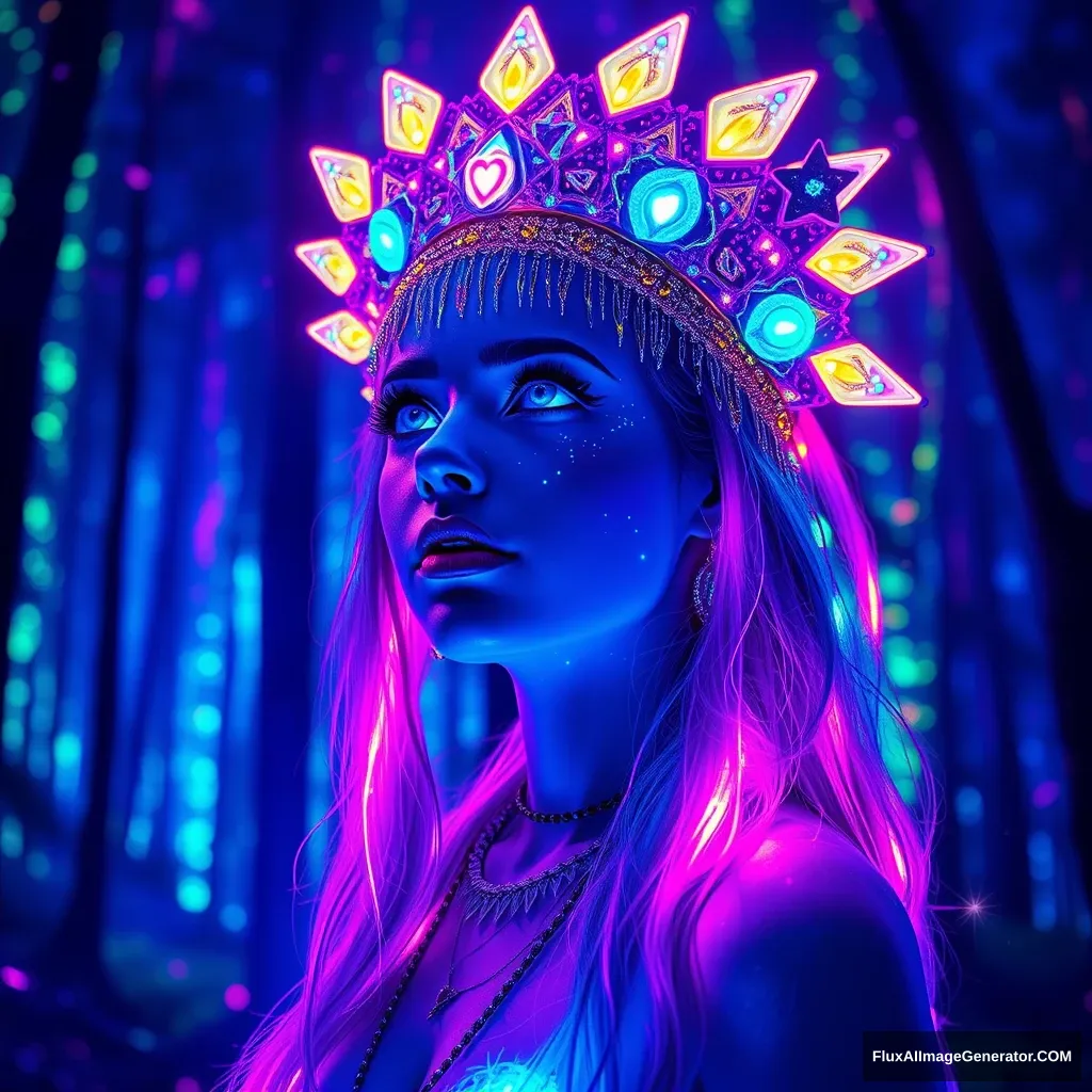 Portrait | wide angle, full body shot, a lucid, dream-like woman looking off into the distance ::8 style | daydreampunk with glowing skin and eyes, styled in a headdress, beautiful, she is dripping in neon lights, very colorful blue, green, purple, bioluminescent, glowing ::8 background | forest, vivid neon wonderland, particles, blue, green, purple ::7 parameters | rule of thirds, golden ratio, asymmetric composition, hyper-maximalist, octane render, photorealism, cinematic realism, unreal engine, 8k ::7 --ar 16:9 --s 1000