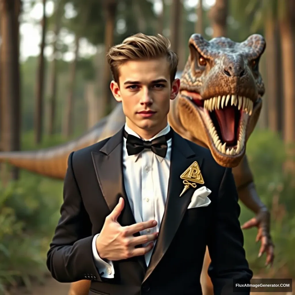 "Handsome skinny young man in a tuxedo chased by dinosaur. Photo." - Image