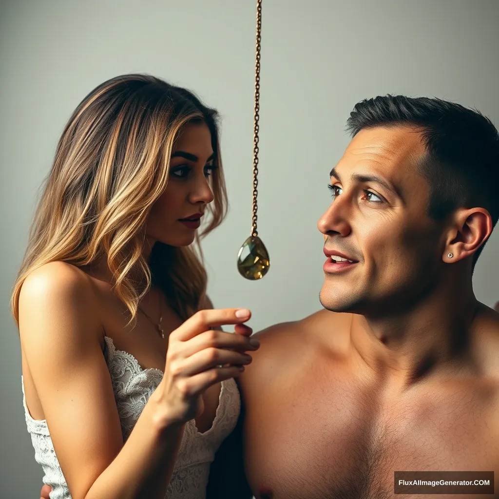 A pretty small delicate and slim lady hypnotizing her much bigger and muscular boyfriend in a session, looking directly into his eyes and swaying a pendant in front of his eyes, her eyes are powerful and hypnotic, he is entranced his mouth open in a silly expression.