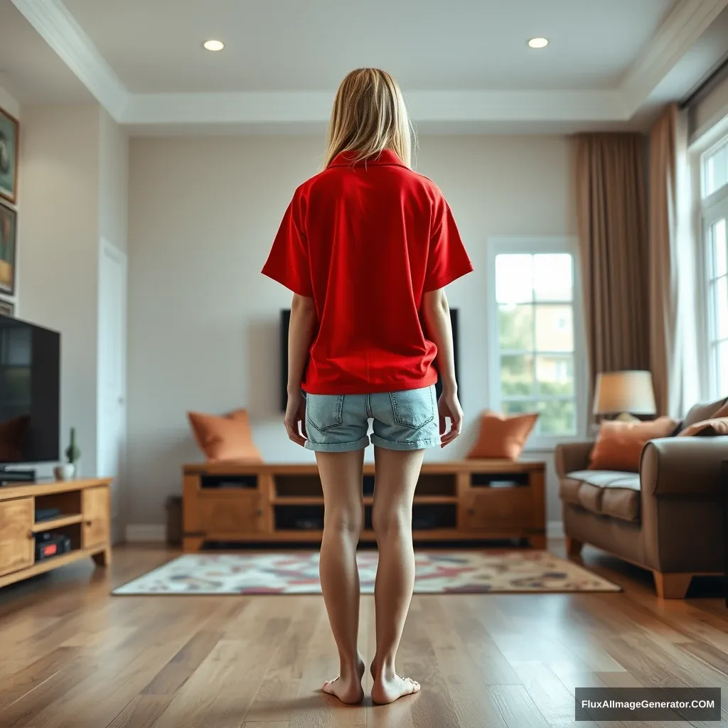 Front view of a young blonde skinny woman in her early twenties in her huge living room, wearing an oversized red polo t-shirt that is slightly off balance on one shoulder. The bottom part of her t-shirt is tucked in, and she is wearing light blue denim shorts with no shoes or socks. She faces her TV and stands there with both arms straight down. - Image