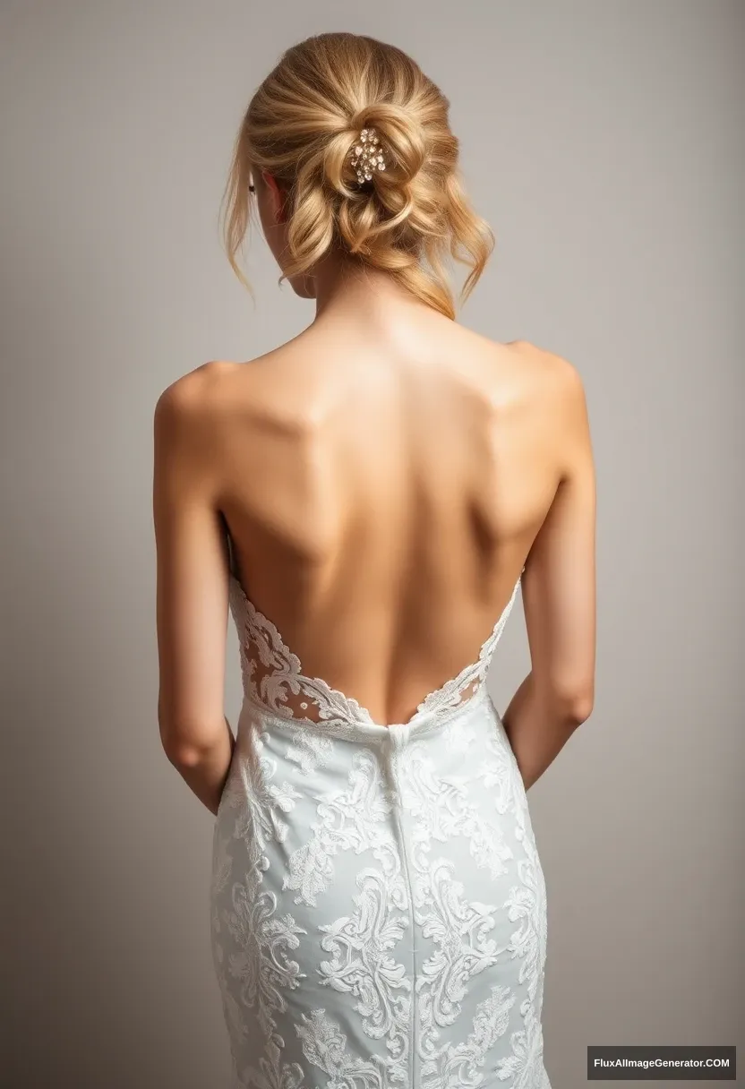 a young woman, sensitive, delicate, vulnerable, backless wedding dress - Image