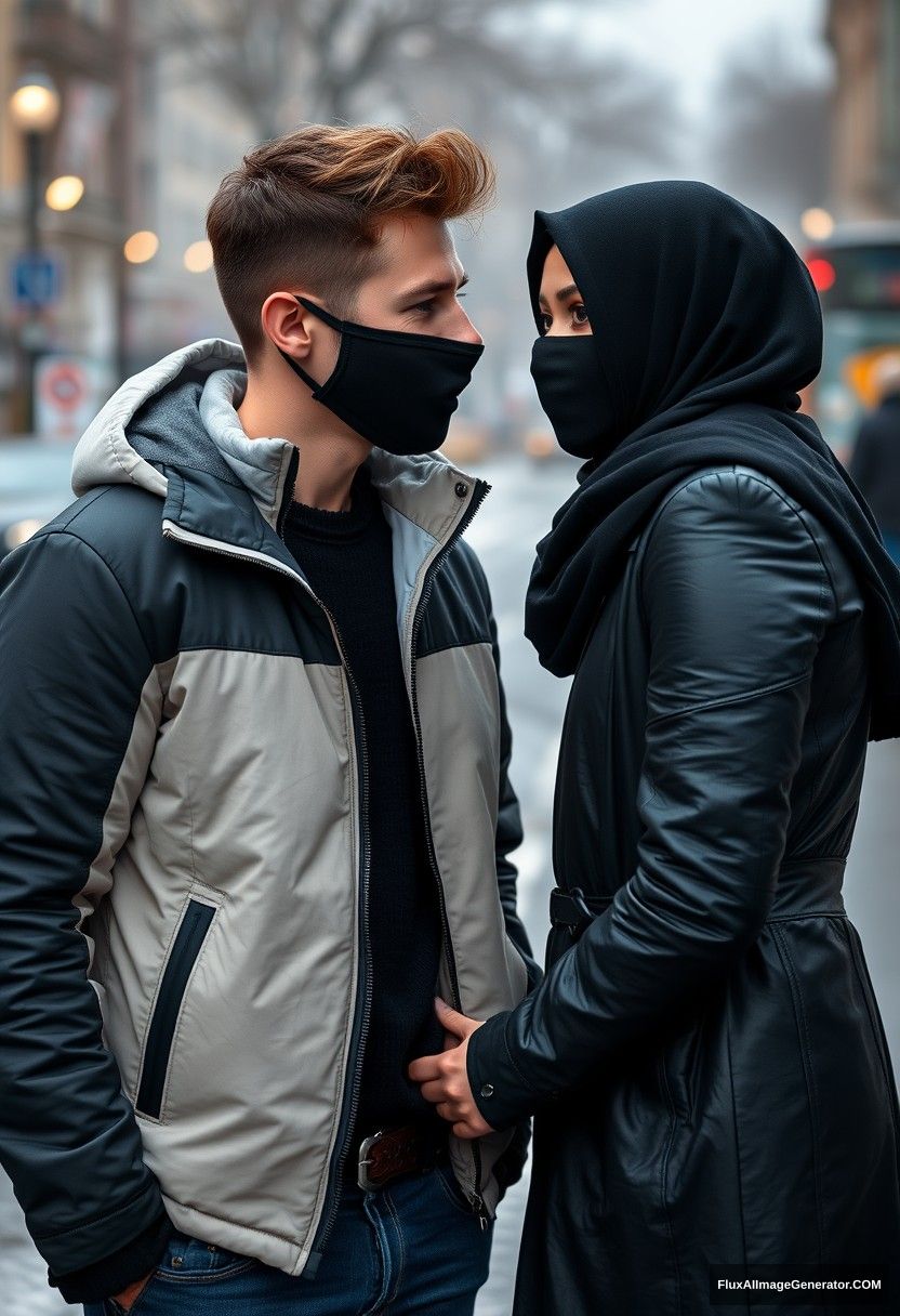 Jamie Dornan, handsome, young, black face mask, snow jacket, jeans, dating a beautiful, romantic girl in a big black hijab, beautiful eyes, black face mask, black leather jacket, winter scenery, standing together near the road in town, pinching each other's cheeks, photorealistic, street photography. - Image