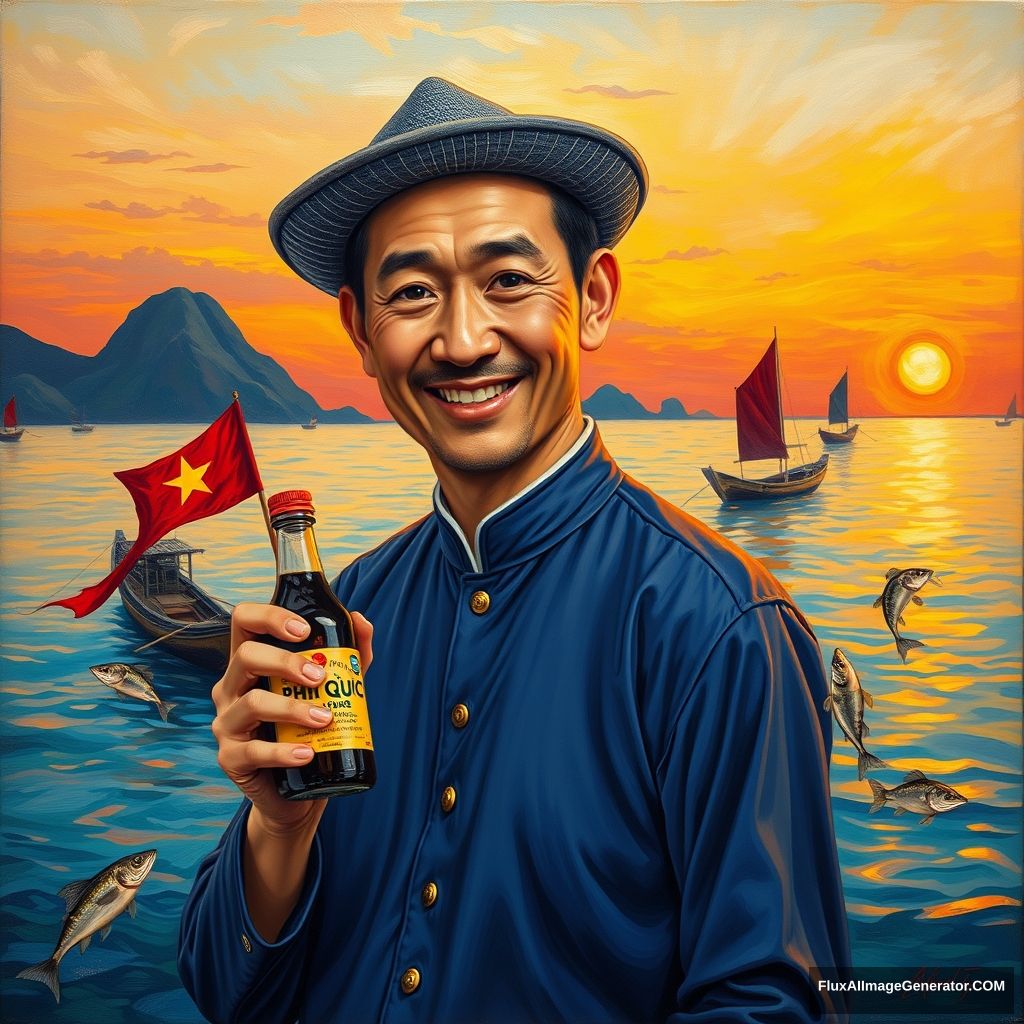 A sharp, anatomically accurate, and highly detailed oil painting in the style of Van Gogh, depicting a smiling Vietnamese man wearing a traditional áo bà ba, holding a bottle of Phú Quốc fish sauce. The background features a warm, colorful sunset over the sea, with fishing boats flying the Vietnamese flag, fish jumping out of the water, and the setting sun casting an orange glow.