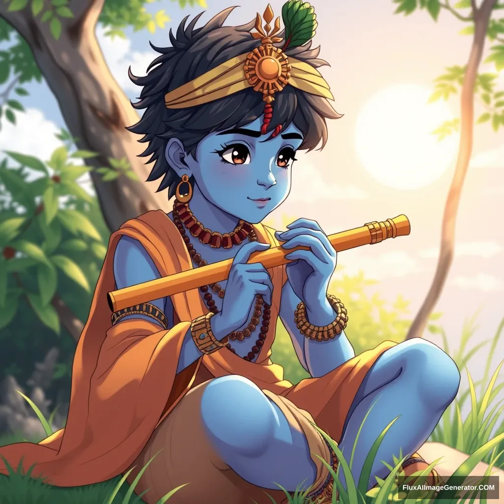 Young boy Krishna, 20 years old, (blue skin), playing flute, nature, sun, sitting, anime style, correct hand position.