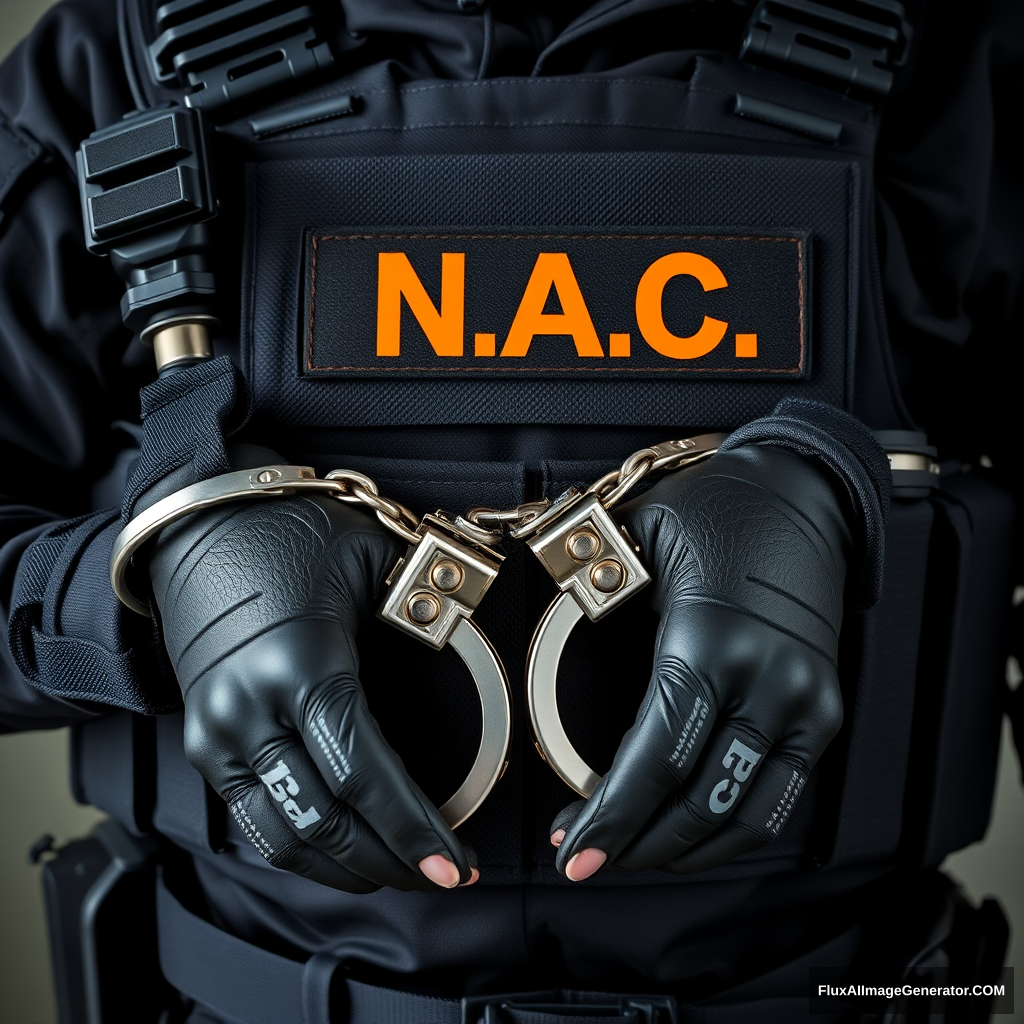 A soldier in black gear with a black and orange inscription N.A.C. on his vest is wearing handcuffs, a shot of his hands in handcuffs in front of him. - Image