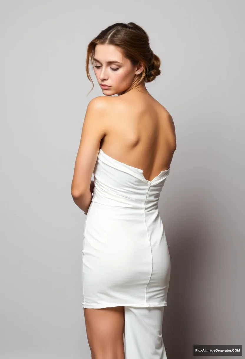 A short young woman, sensitive, delicate, ashamed, wearing a backless, strapless, side-less, low-waisted, open-back contouring wedding dress with a too-loose top that seems like it's coming undone, standing in front of patriarchy and expectations. - Image